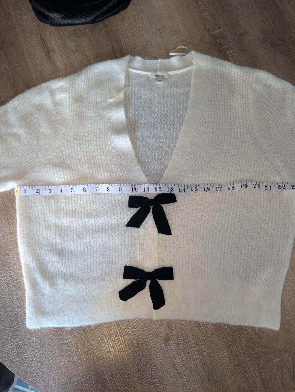 RW&CO  Ivory Knit Cardigan with Black Bow Button Details - Picture 8 of 10